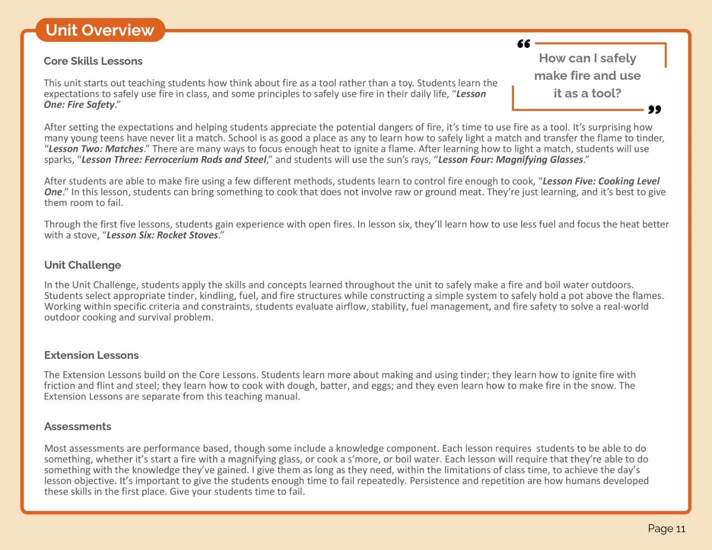 Fire & Cooking Teacher Manual: Unit overview, source page 11