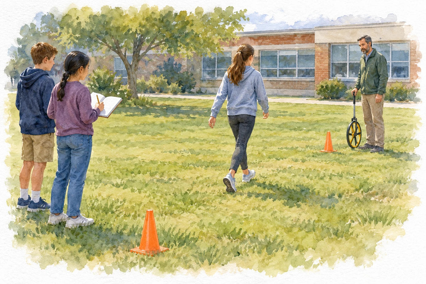 A student walks a measured schoolyard course while classmates record results and an instructor checks distance with a measuring wheel.