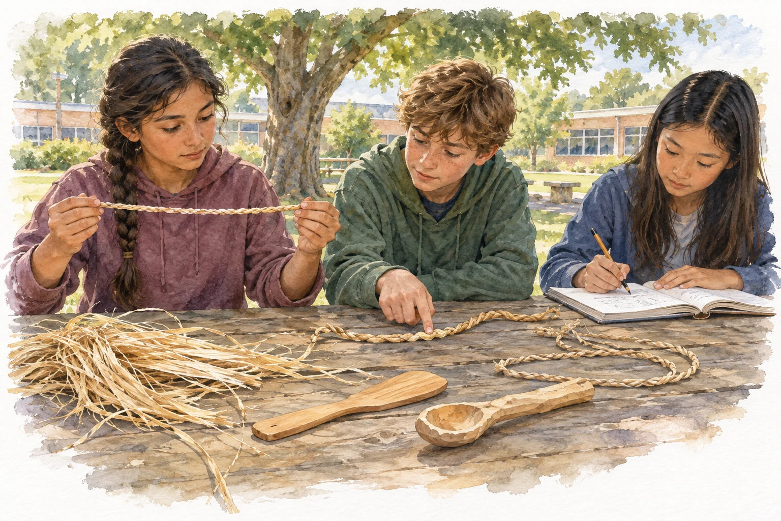 Students inspect handmade natural-fiber cordage and record observations beside completed wooden utensils.