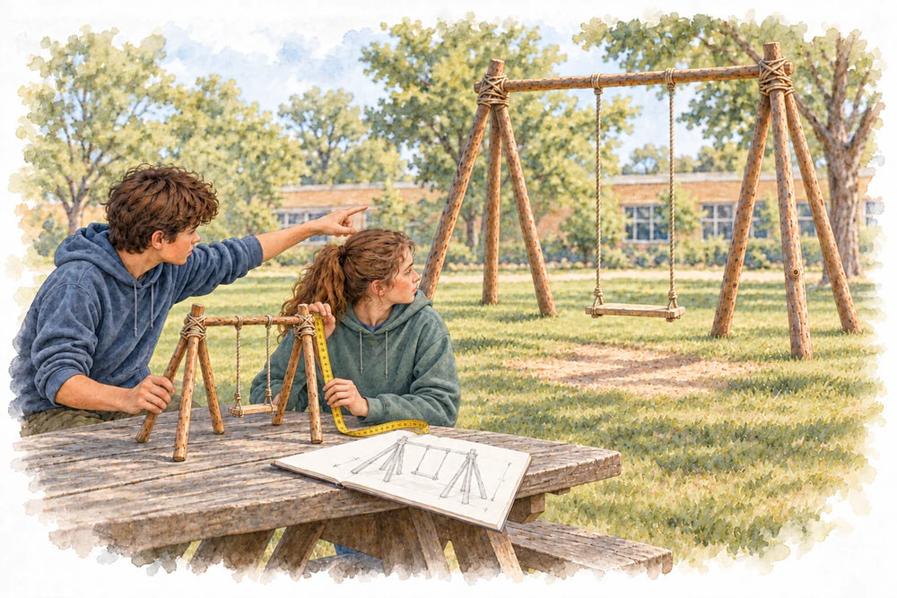 Students measure a model swing and compare it with a full-sized swing beside their school.
