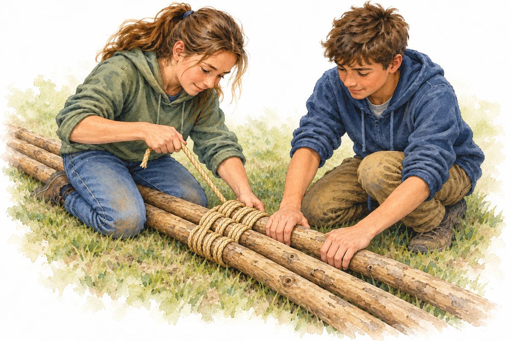 Two students practice lashing wooden poles together with rope.
