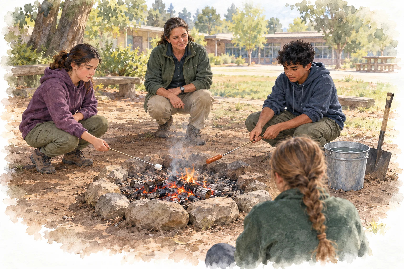 Students warm a marshmallow and pre-cooked food on long skewers over a small cooking fire under instructor supervision, with extinguishing water nearby.