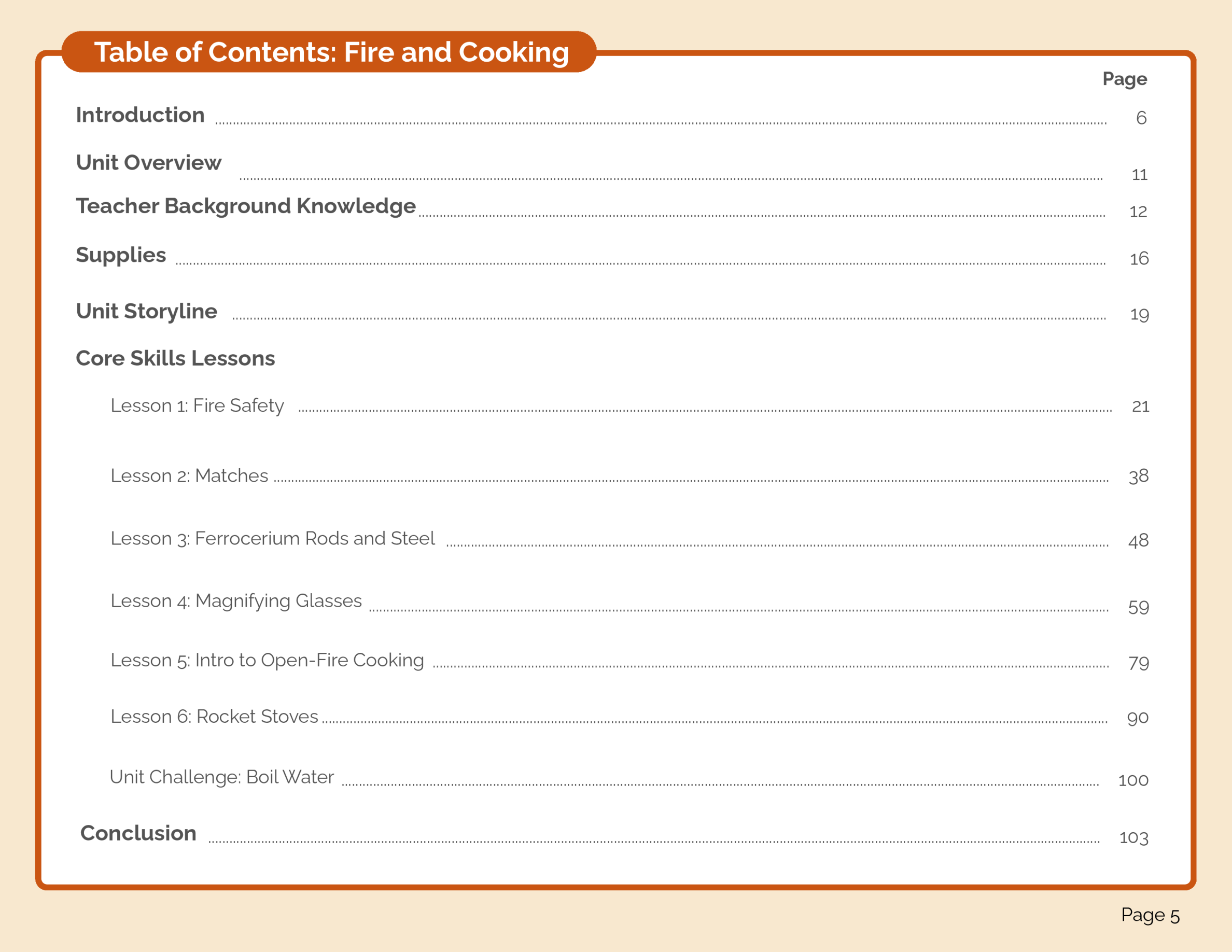 Fire & Cooking Teacher Manual actual contents, source page 5: Fire Safety, Matches, Ferrocerium Rods and Steel, Magnifying Glasses, Intro to Open-Fire Cooking, Rocket Stoves, and the Boil Water Unit Challenge.