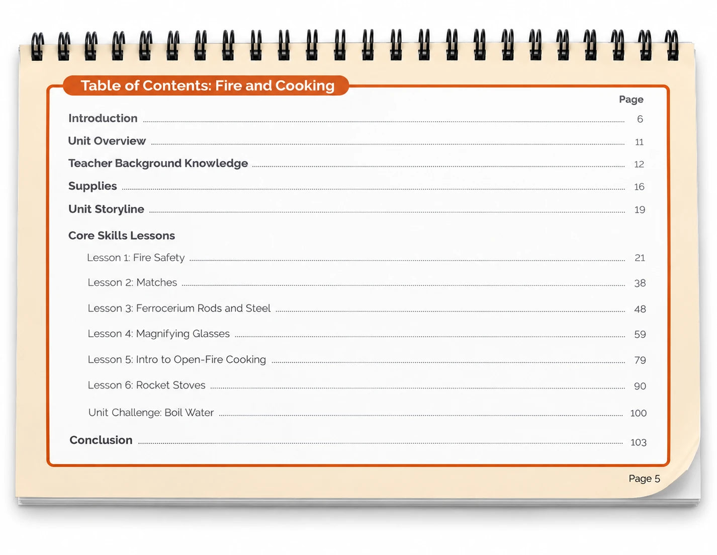 Fire & Cooking Teacher Manual contents shown as a landscape top-spiral printed mockup, listing six core lessons and the Boil Water Unit Challenge.