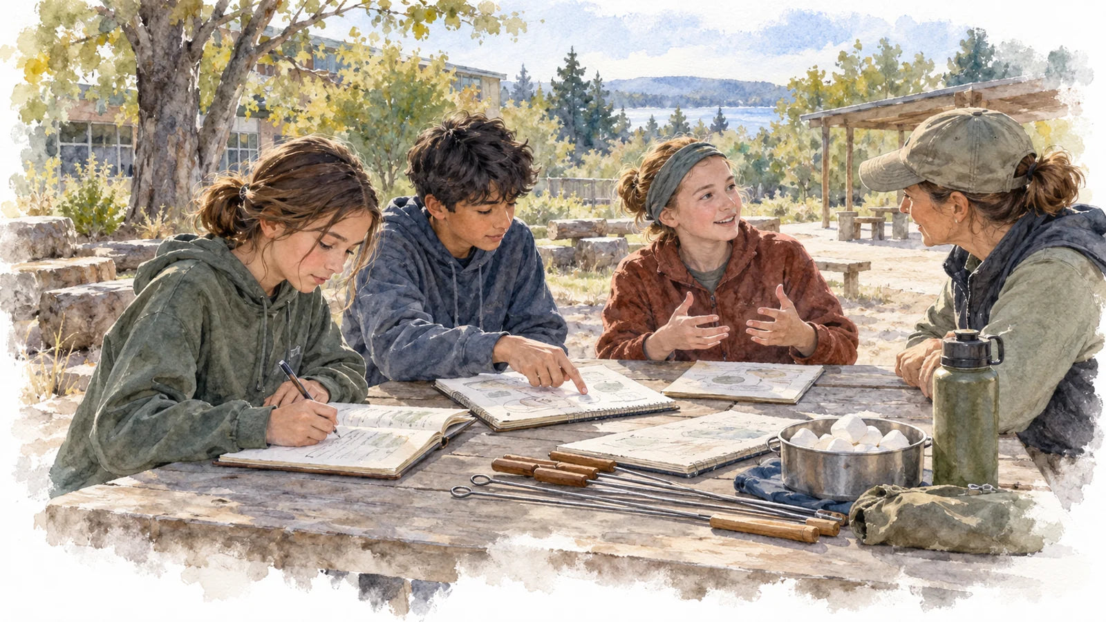 Students use their workbooks to plan an outdoor cooking activity and discuss roles with an instructor.