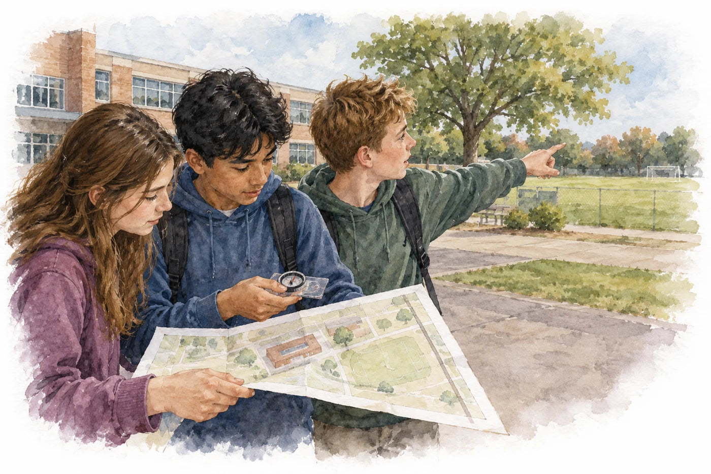 Three students compare a schoolyard map with nearby landmarks while one holds a compass level.