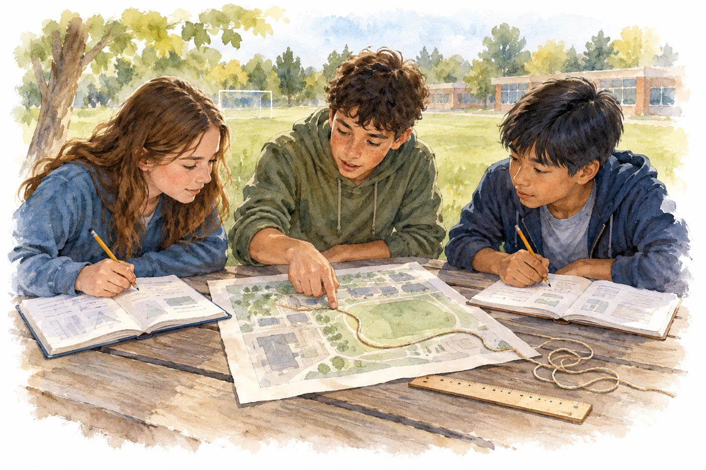 Students record observations in workbooks and use string to measure a curved route on a schoolyard map.