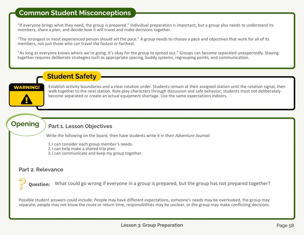 Preparation Teacher Manual: Safety and opening, page 58
