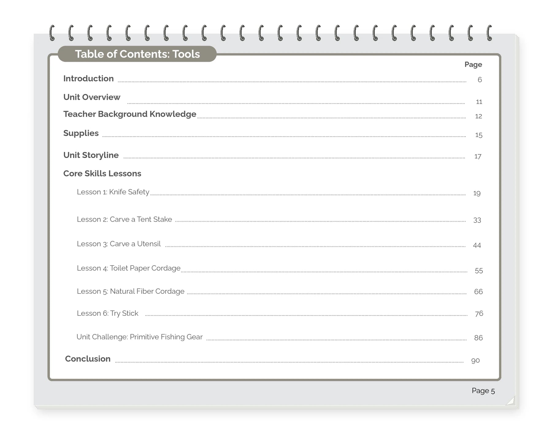 Tools Teacher Manual contents shown in a landscape top-spiral printed mockup. Open the actual contents page.