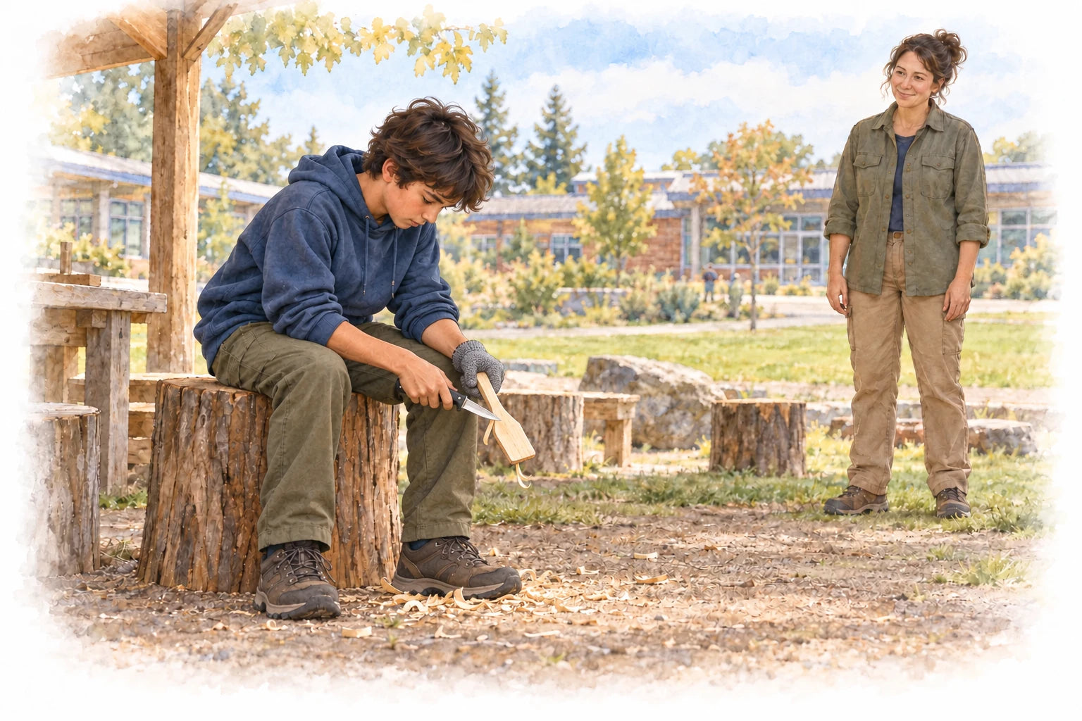 A student carves a small wooden spatula while a teacher observes in a schoolyard.