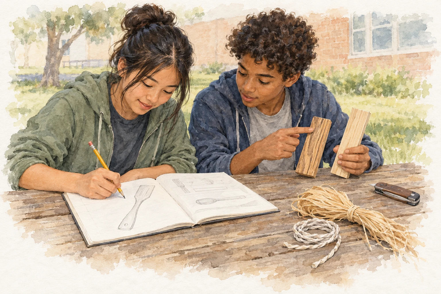Two students sketch a wooden utensil and compare wood blanks beside cordage materials and a closed knife.