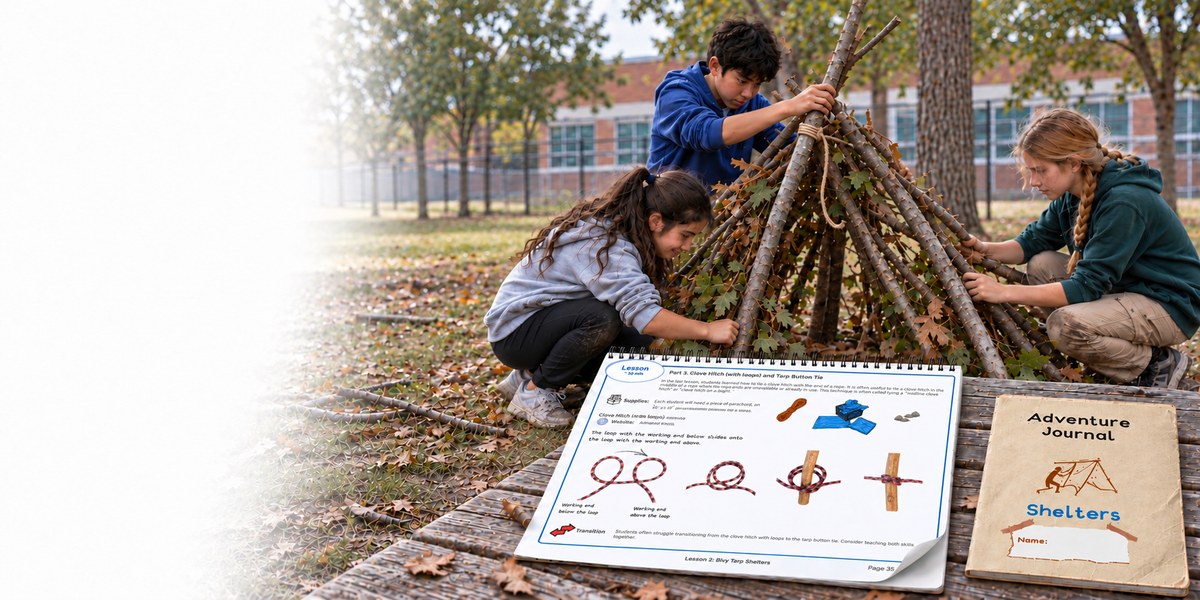 Three students build a branch shelter beside their school, with a Teacher Manual and Shelters Adventure Journal in the foreground.