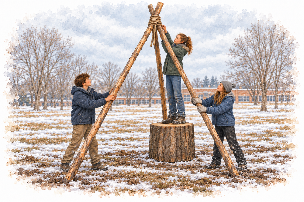 Students build a tall wooden tripod in a snowy schoolyard, with one student on a cut log round tying the lashing.