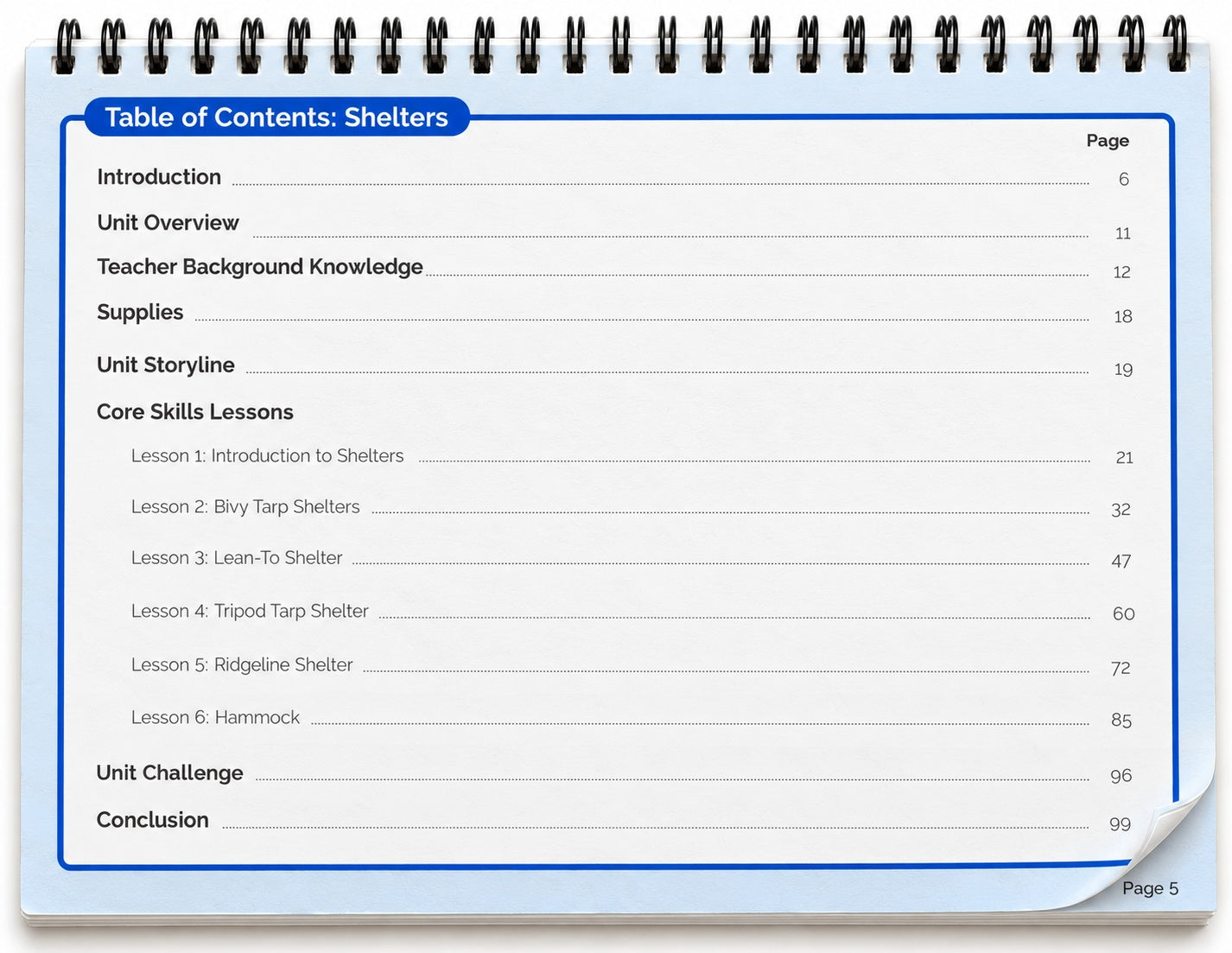 Shelters Teacher Manual table of contents in a landscape top-spiral mockup, listing Introduction, Unit Overview, Teacher Background Knowledge, Supplies, Unit Storyline, six lessons, Unit Challenge, and Conclusion.