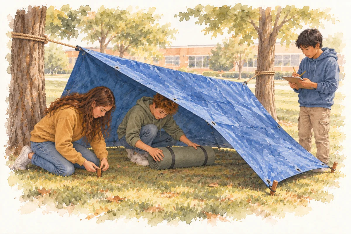 Watercolor illustration of students checking a blue tarp shelter: one adjusts a ground anchor, one works beneath the tarp, and one records observations.