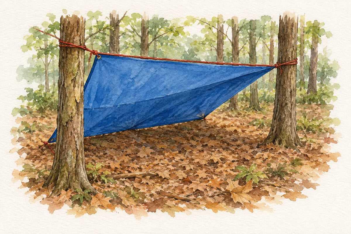 Watercolor illustration of a blue tarp lean-to shelter with its upper edge secured between two trees and its lower corners anchored to the ground.