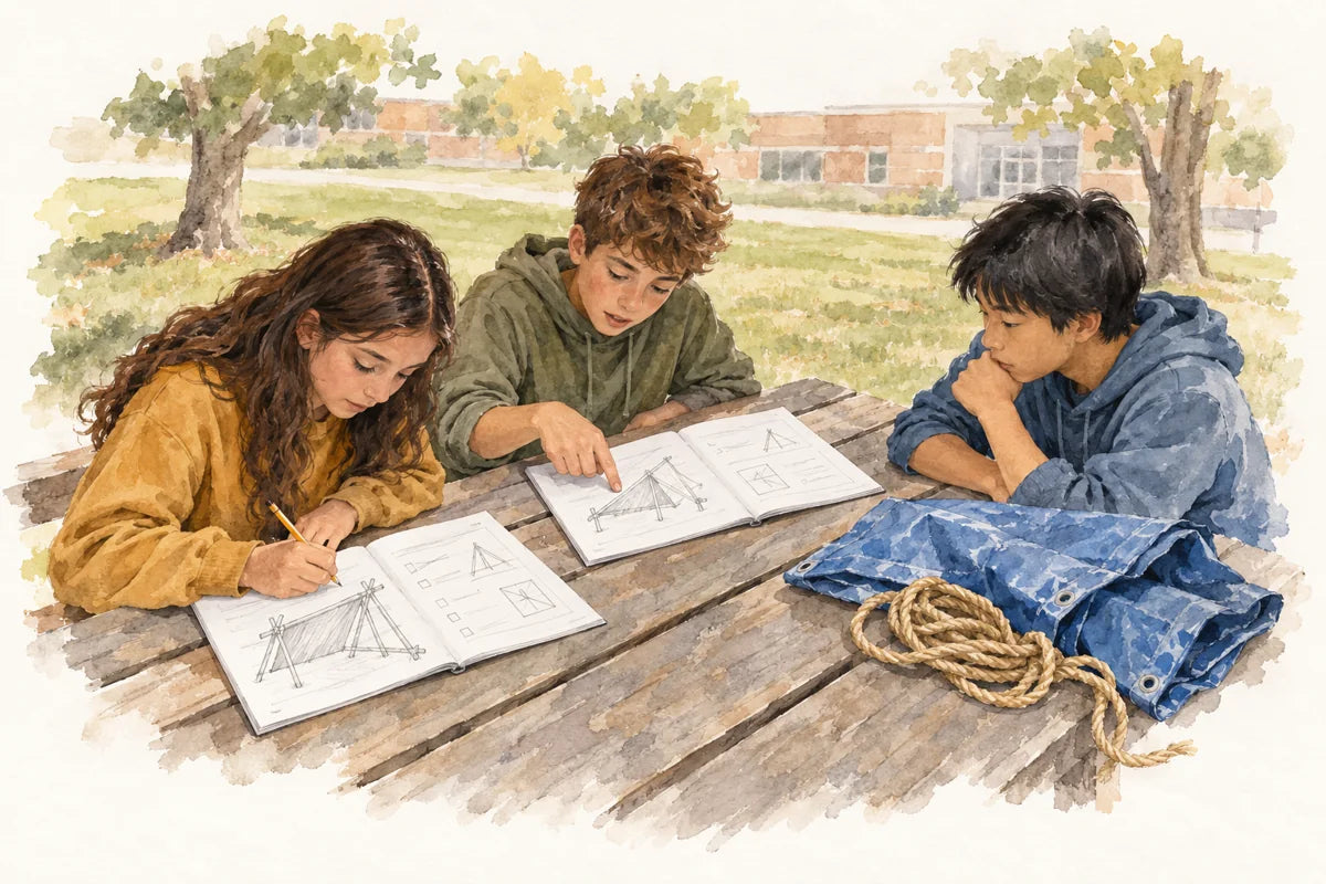 Watercolor illustration of three students planning a shelter at an outdoor table, writing and discussing designs in open student workbooks.